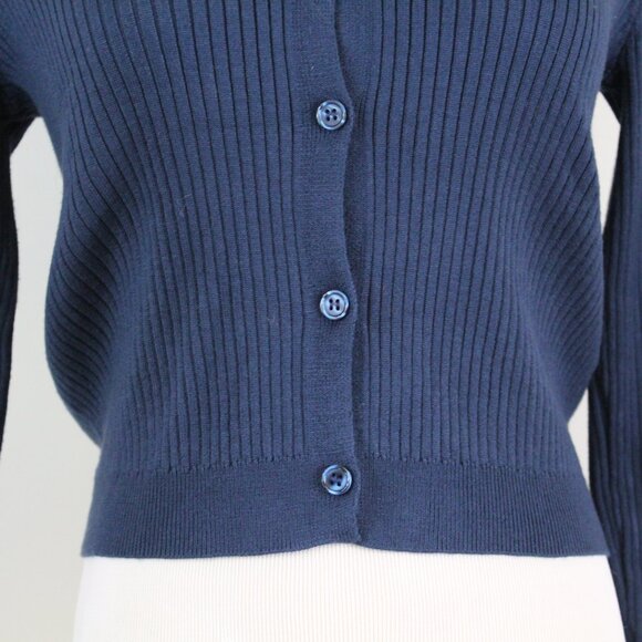 Olive & Oak Cropped Ribbed Cardigan Collared Blue Preppy Parisian Minimalist - Picture 3 of 12
